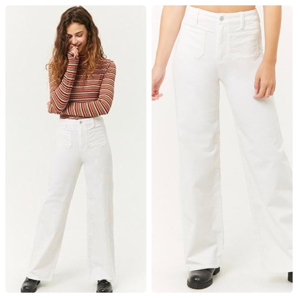 NWT Forever 21 Corduroy High Waist Wide Leg Cream Pants XS 25”W